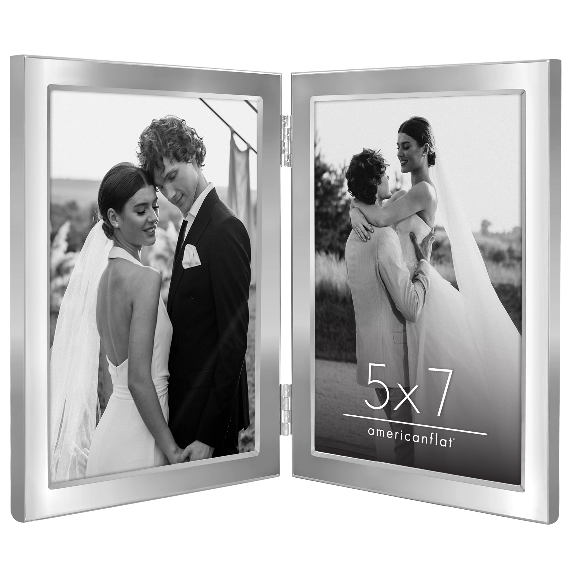 Americanflat 5x7 Hinge Frame with Shatter-Resistant Glass Hinged Metal Wide Beveled Molding Modern - Silver