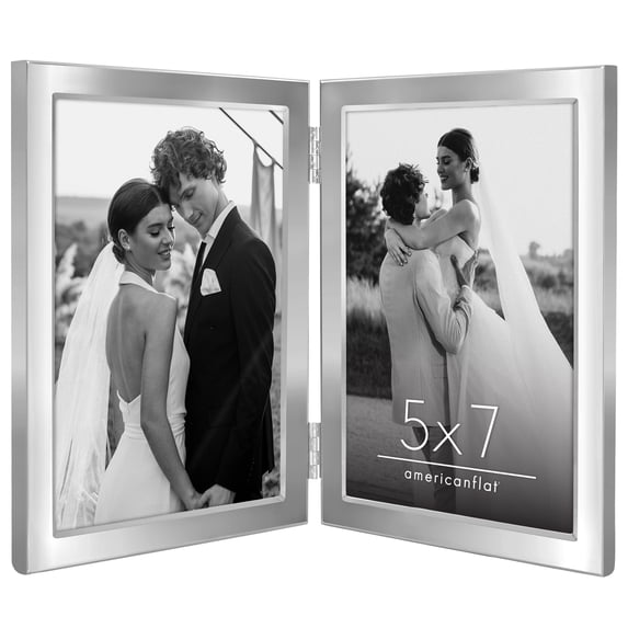 Americanflat 5x7 Hinge Frame with Shatter-Resistant Glass Hinged Metal Wide Beveled Molding Modern - Silver