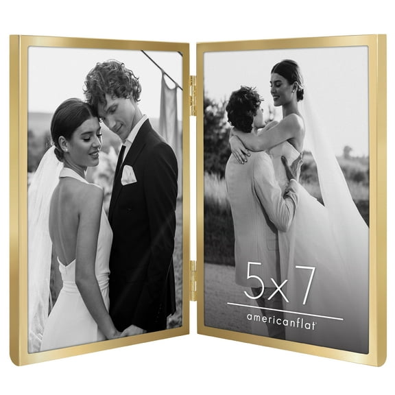 Americanflat 5x7 Hinge Frame with Shatter-Resistant Glass Hinged Metal Modern Displays Two Photos Photo - Gold