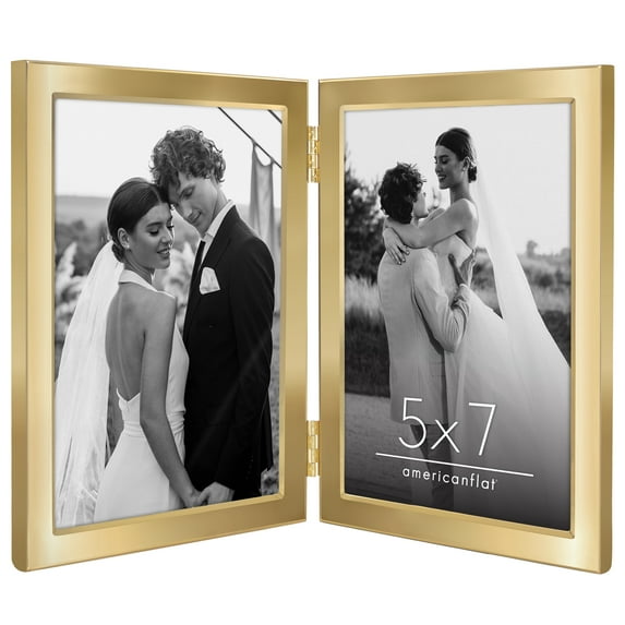 Americanflat 5x7 Hinge Frame with Shatter-Resistant Glass Hinged Metal Wide Beveled Molding Modern - Gold