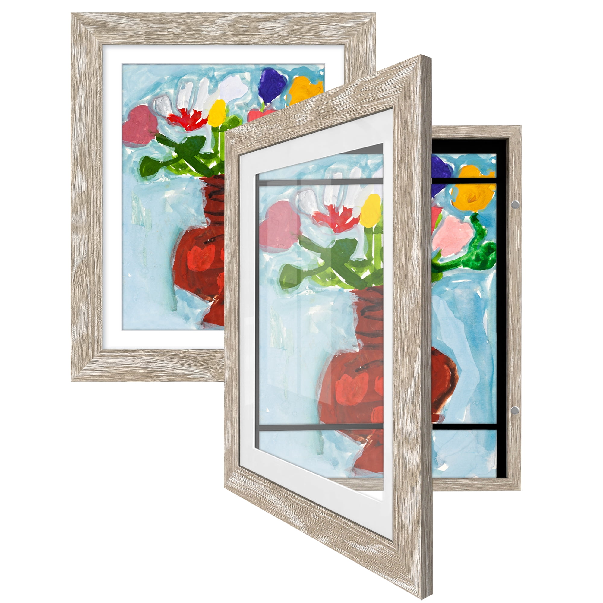 Americanflat 10x12.5 Kids Art Frame with 8.5x11 Mat 2 Pack Holds 100 Art Pieces Magnetic Letter Size - Driftwood