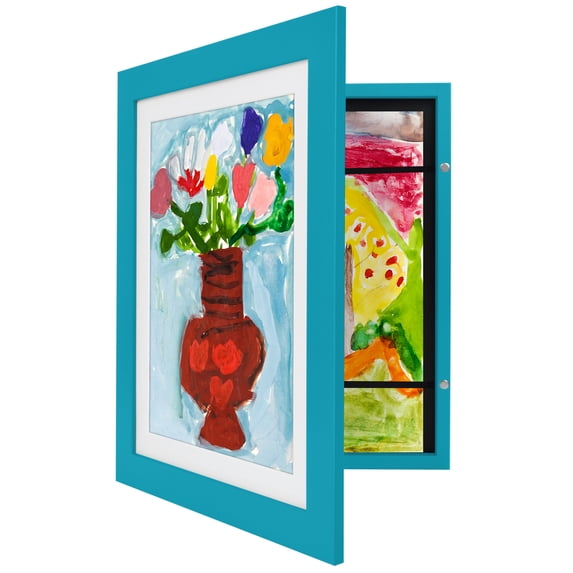 Americanflat 10x12.5 Kids Art Frame with 8.5x11 Mat Holds 100 Art Pieces Magnetic Letter Size Display - Aquamarine