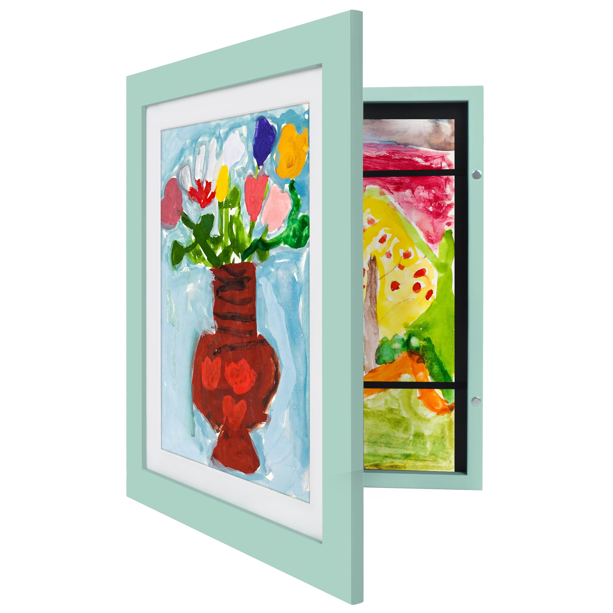 Americanflat 10x12.5 Kids Art Frame with 8.5x11 Mat Holds 100 Art Pieces Magnetic Letter Size Mini - Seafoam Green