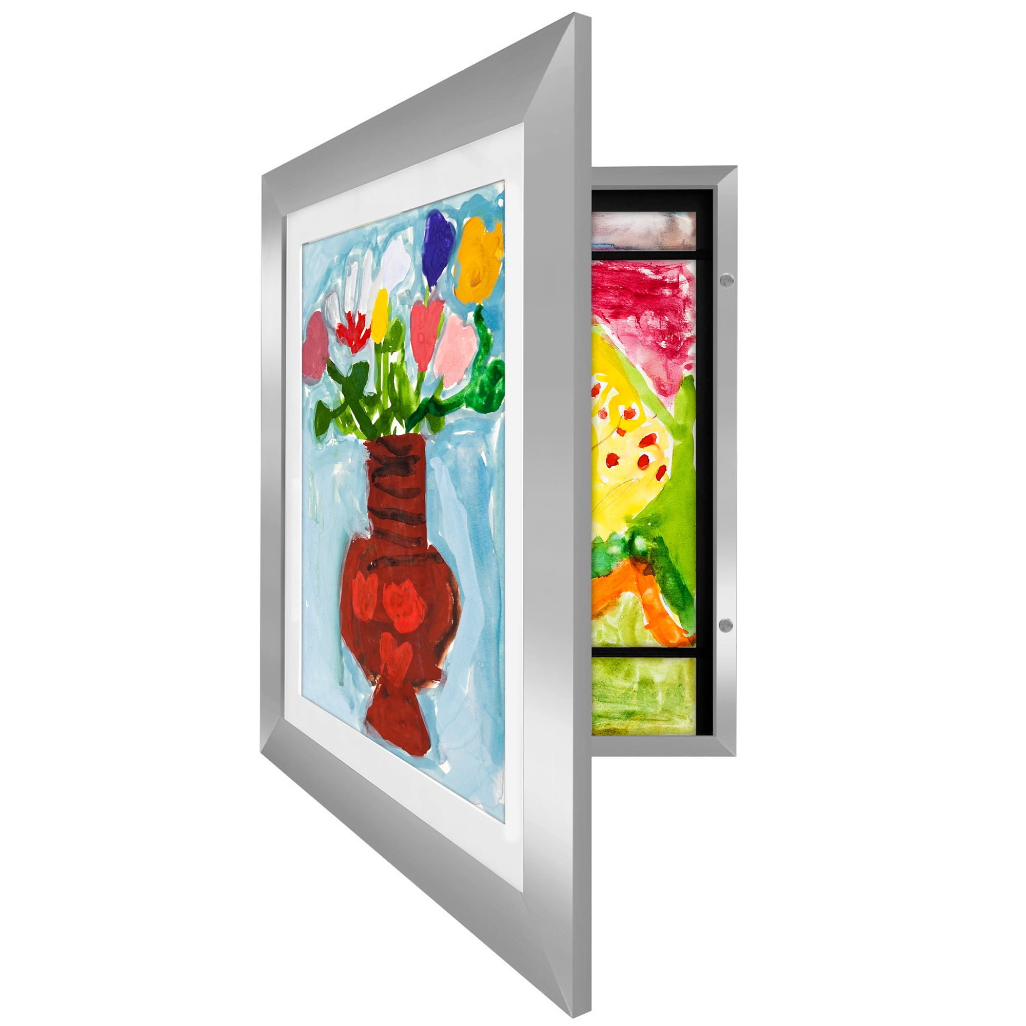 Americanflat 10x12.5 Kids Art Frame with 8.5x11 Mat Holds 100 Art Pieces Magnetic Letter Size Display Mini - Silver