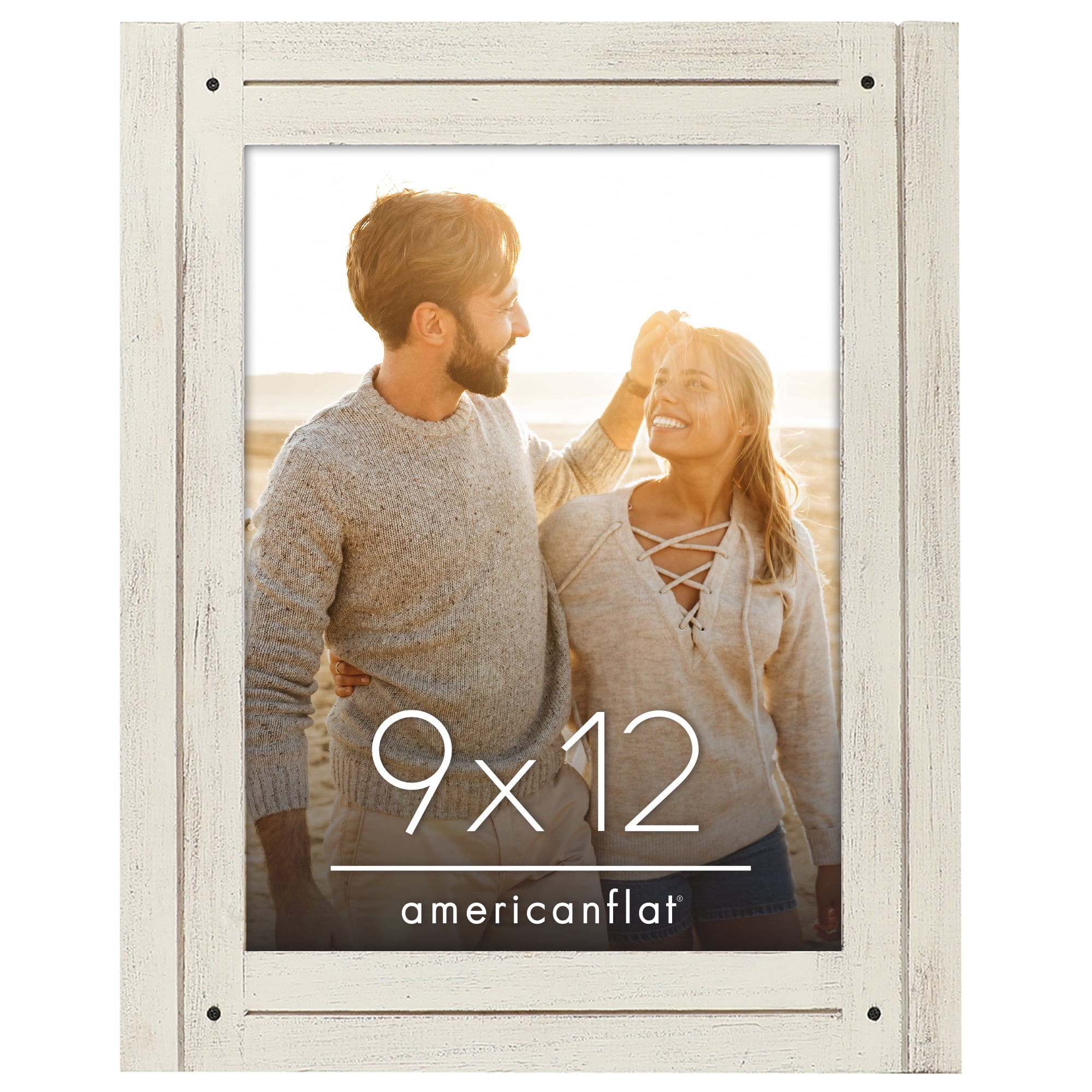 Americanflat 9x12 Picture Frame Polished Crystal Clear Glass Hampton Collection Distressed Wall - Aspen White