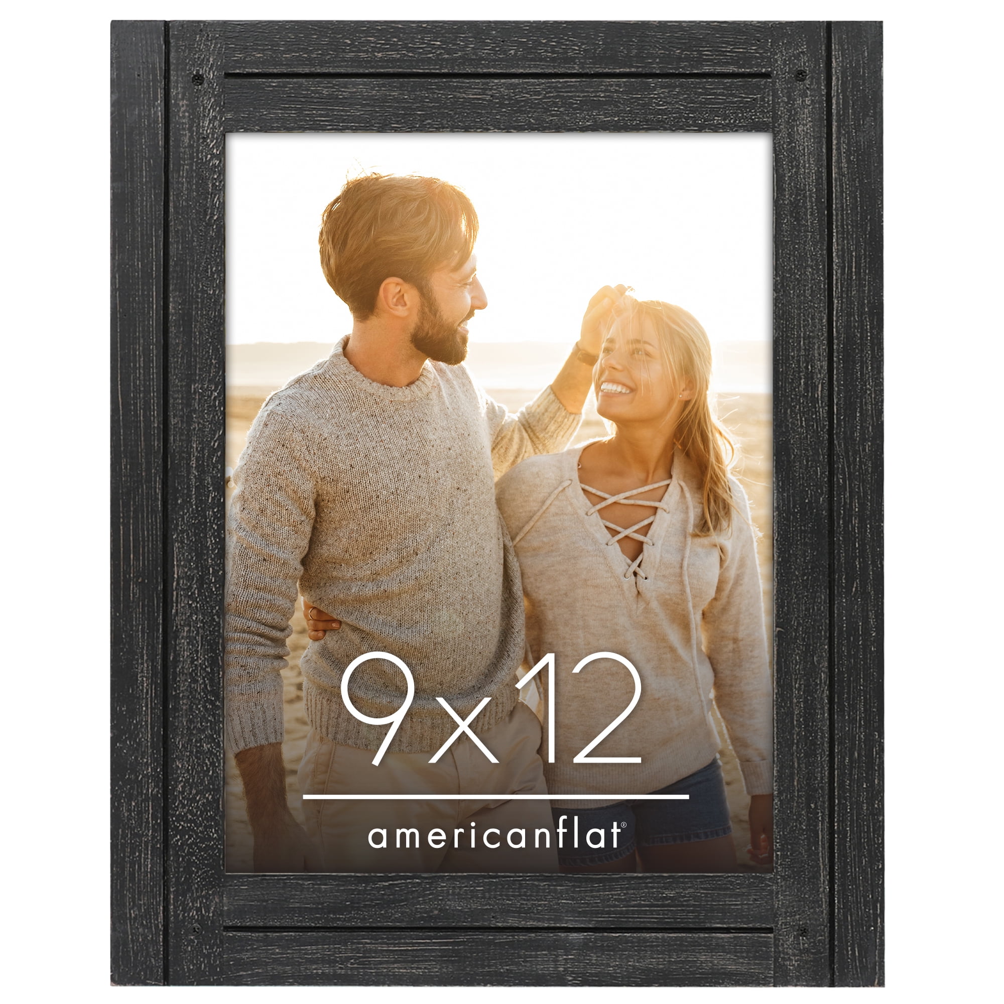 Americanflat 9x12 Picture Frame Polished Crystal Clear Glass Hampton Collection Distressed - Charcoal Black