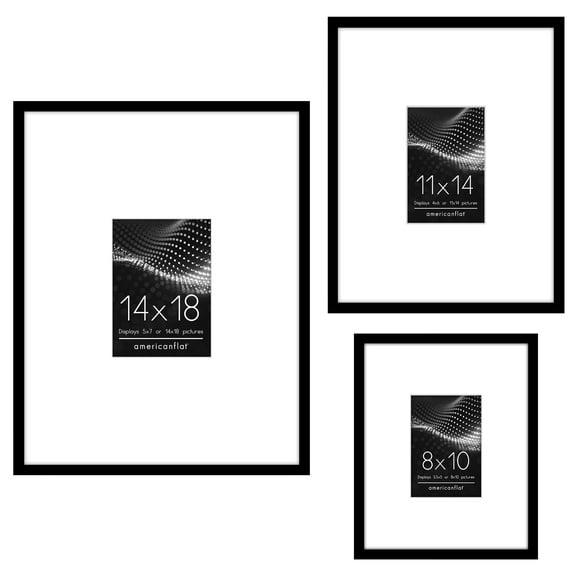 Americanflat Set of 3 Picture Frames - Gallery Wall Frame Set with One 14x18 Frame with 5x7 Mat, One 8x10 Frame with 3.5x5 Mat and One 11x14 Frame with 4x6 Mat - Black