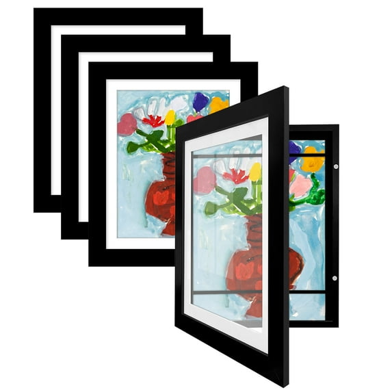 Americanflat Set of 4 Frame for Kids Art 10x12.5 inches with 8.5x11 inches Mat - Wood with Glass - Black