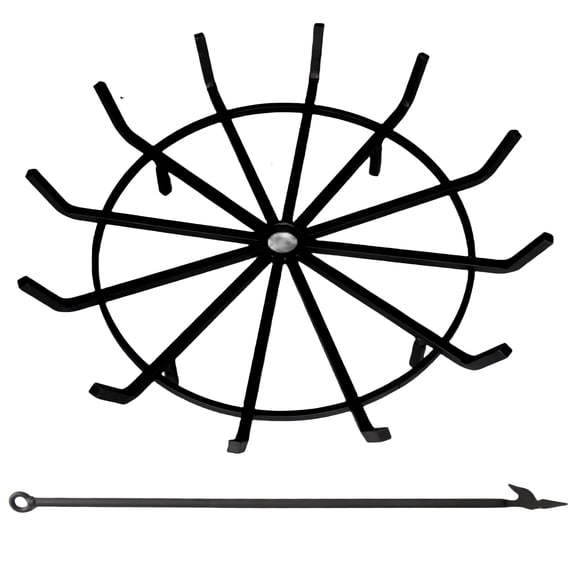 Americangaslogs 32 inch Heavy Duty Wrought Iron Fireplace Grate with Poker, Round Wagon Wheel Design Fire Pit Wood Burning Rack for Indoor or Outdoor Use