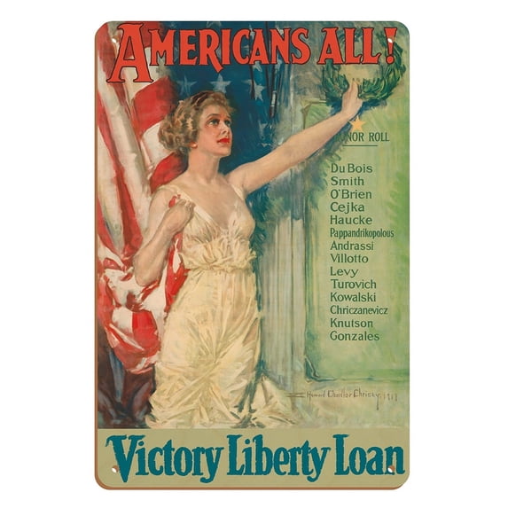 Americans All - Victory Liberty Loan - Vintage War Poster by Howard Chandler Christy c.1919 - 8 x 12 inch Vintage Wood Art Sign