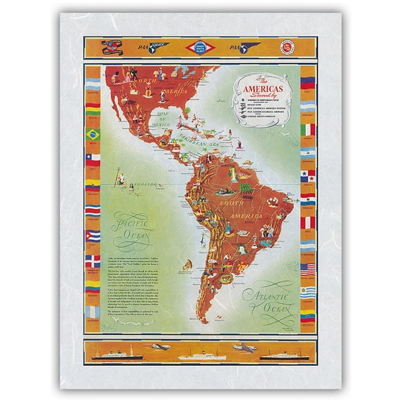 The Americas - Pan American Airways United Fruit Company - Vintage Airline Travel Poster by Kenneth W. Thompson c.1948 - Japanese Unryu Rice Paper Art Print (Unframed) 12 x 16 in