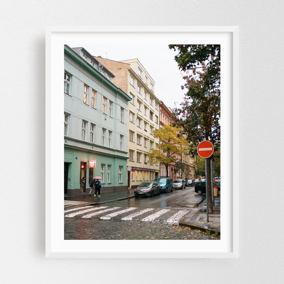 Americké náměstí, Prague 02 - Prague Czechia Photography Street Photography Architecture City Autumn Neon Sign White Framed Wall Art Print 11 x 14 inches