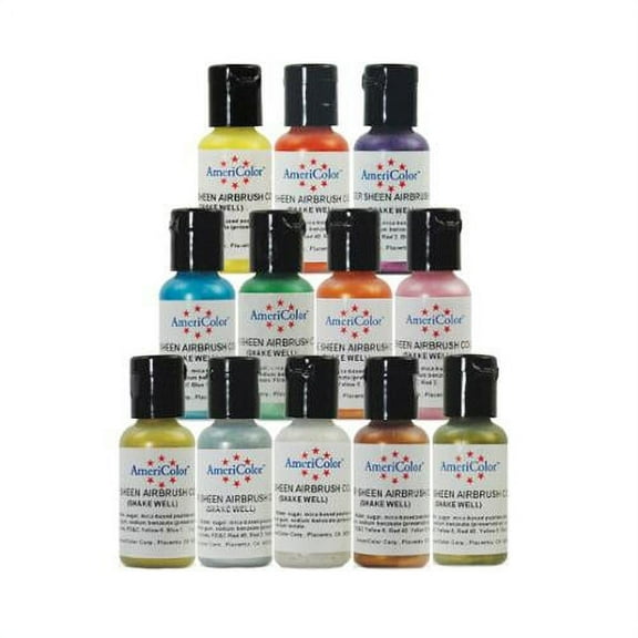Americolor 12 Color SHEEN - PEARLESCENT Airbrush Color Kit 7.8 oz. Ounce (0.65 Oz each bottle)