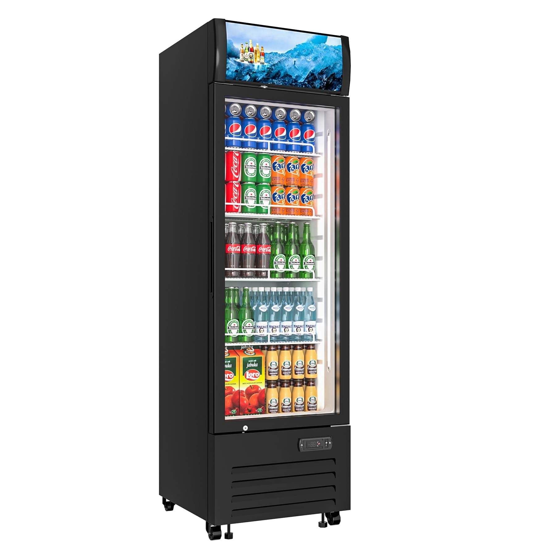 Amerikit Commercial Beverage Refrigerator 1 Glass Door, 12.3 Cu.ft Upright Display Merchandiser Cooler with LED Light, Lock Wheels, Adjustable Shelf for Bar, Shop