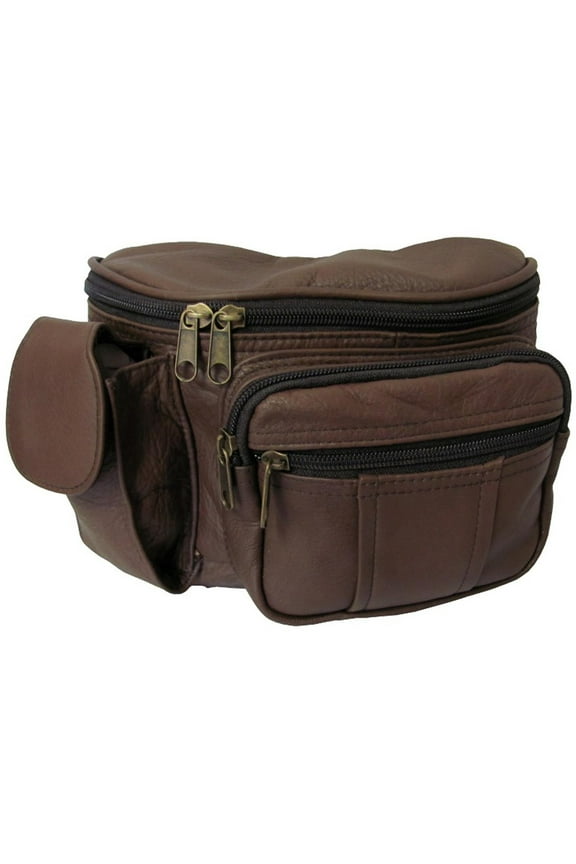 Leather Fanny Pack - Men's Cell Phone Waist Bag - 7 Zip Pockets - Adjustable Strap-Color:Maroon