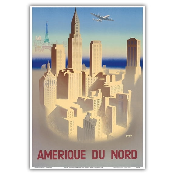 Amerique Du Nord (North America) - France - New York City Skyline - Vintage Airline Travel Poster by Jean Even c.1950 - Master Art Print 10in x 14in