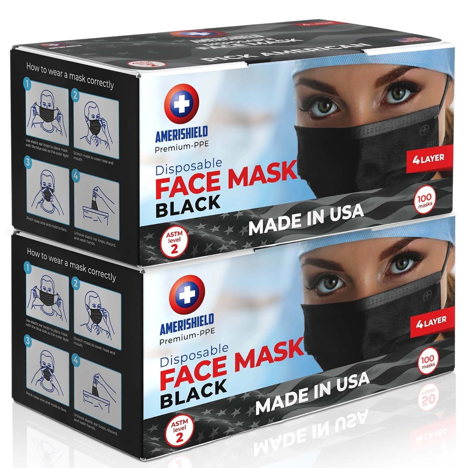 Amerishield ASTM Level 2, Made in the USA, Disposable Face Mask, FSA/HSA eligible, 4 Layer, Breathable & Comfortable for Allergy and Sun Protection, 100 Pack