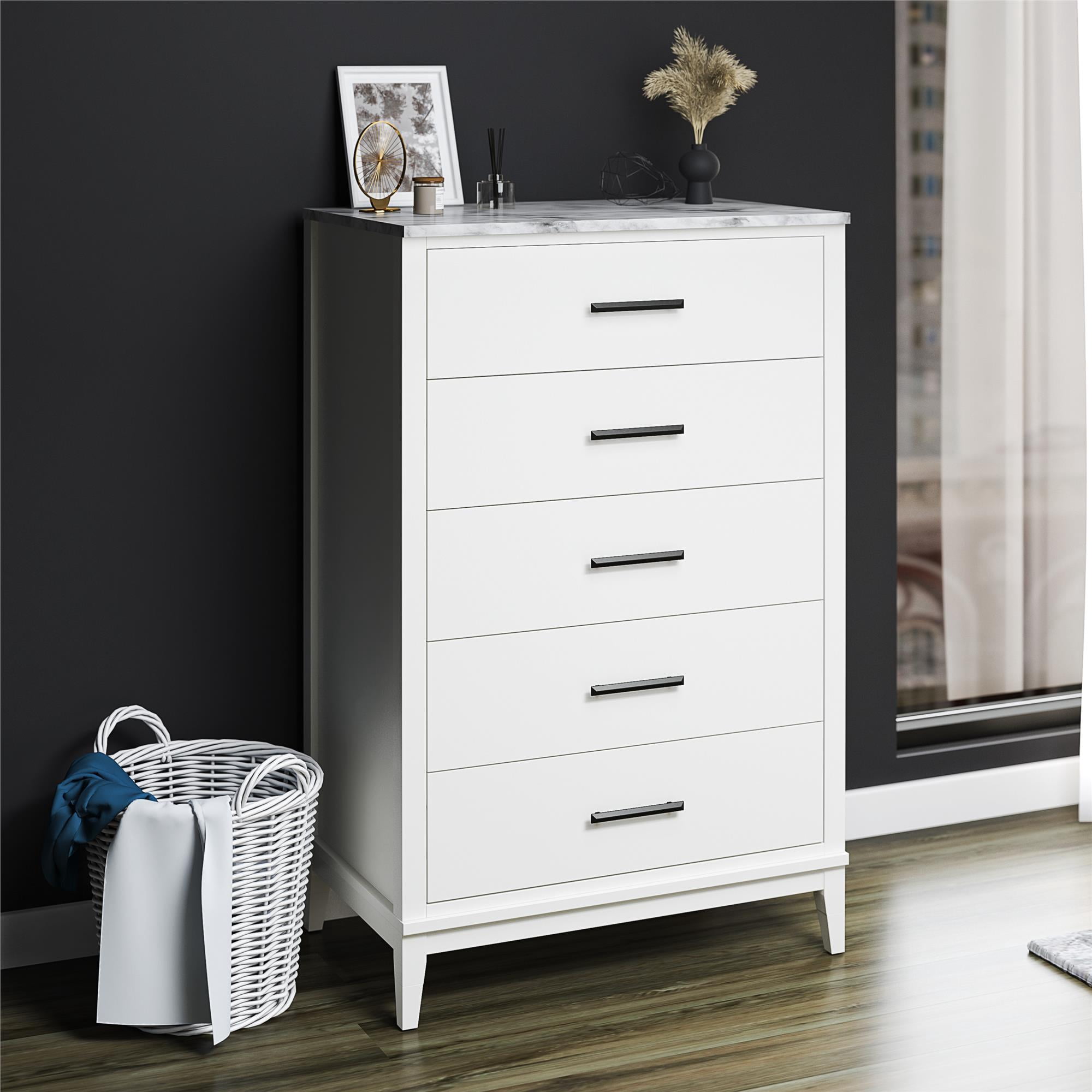 Ameriwood Home Amberleigh Tall 5 Drawer Dresser, White w/ White Faux Marble Top