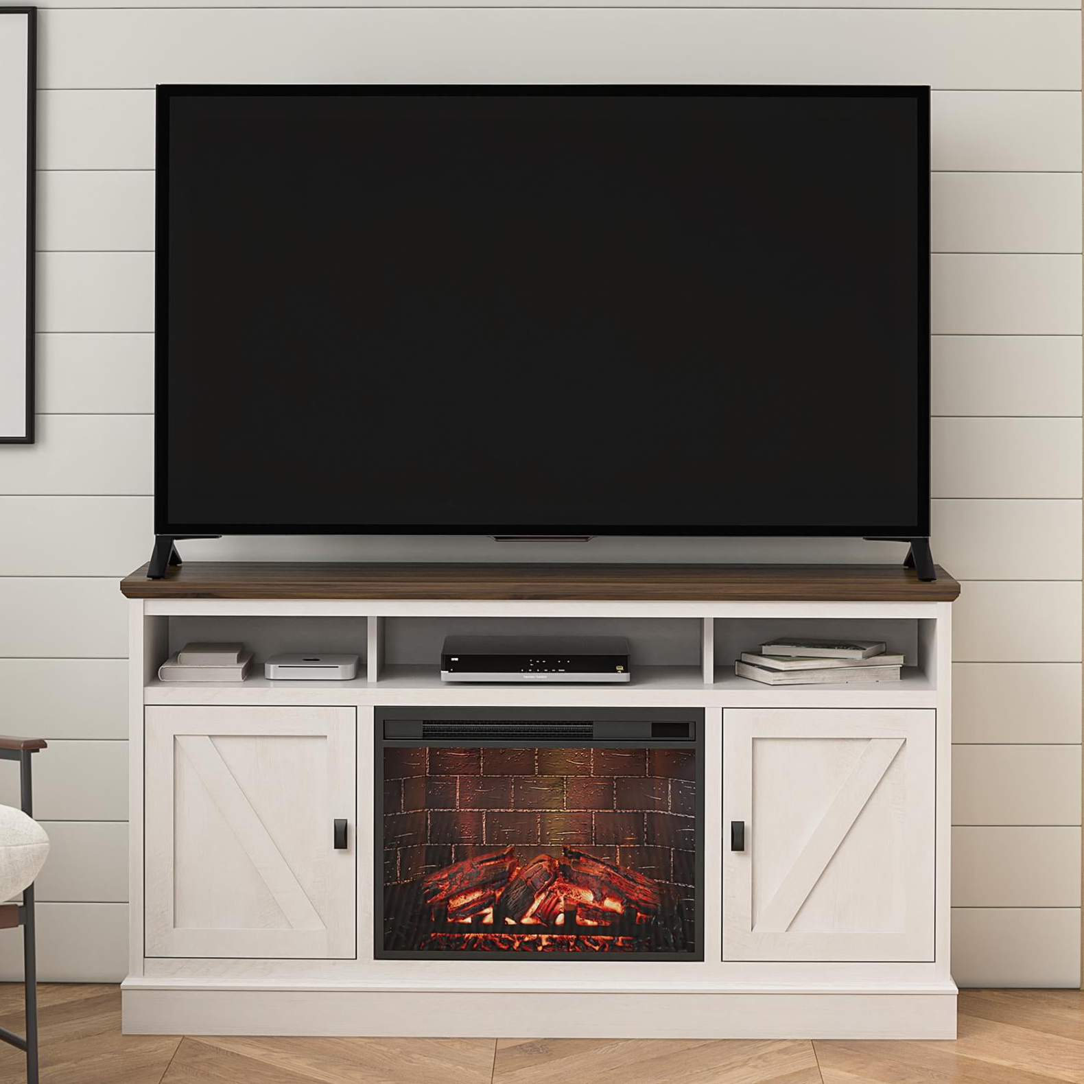 Ameriwood Home Ashton Lane Electric Fireplace TV Stand for TVs up to 65", Magnolia Oak/Columbia Walnut - image 1 of 32