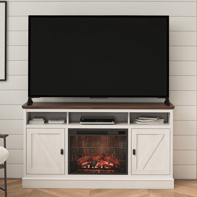 Ameriwood Home Ashton Lane Electric Fireplace TV Stand for TVs up to 65", Magnolia Oak/Columbia Walnut
