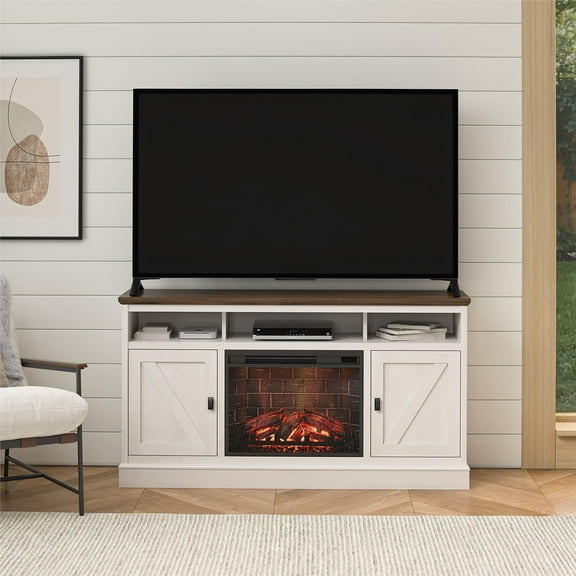 Ashton Lane Electric Fireplace TV Stand with Remote for TVs up to 65in, Magnolia Oak/Columbia Walnut