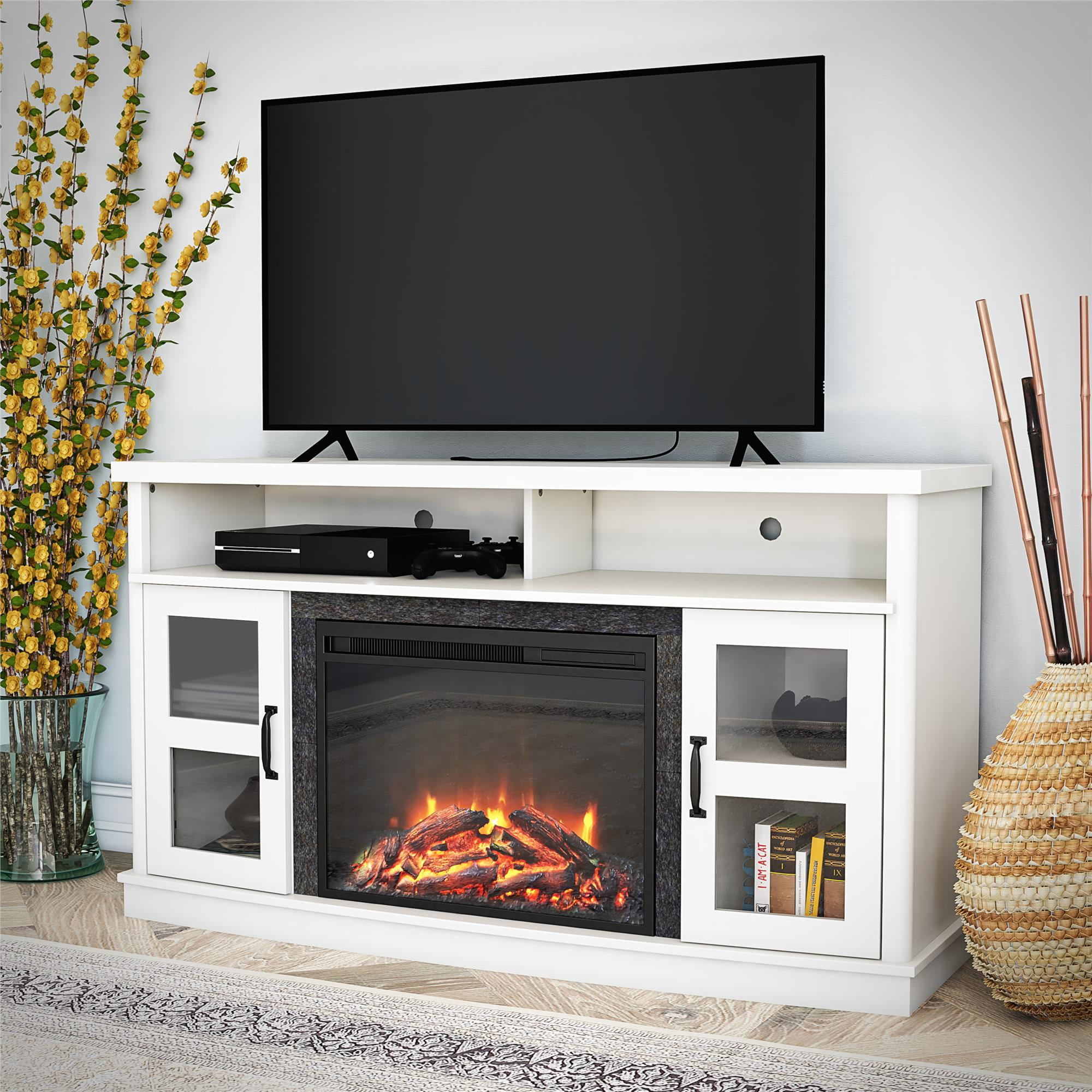 Ameriwood Home Brunswick Bay Fireplace Console with Glass Doors for TVs up  to 60, White - Walmart.com