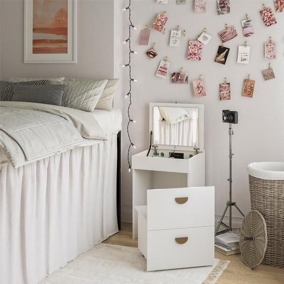 Ameriwood Home Compact 3-in-1 Vanity Set, Makeup Storage Desk & Stool, Mirror w/ LED lights & USB Charging Station, White