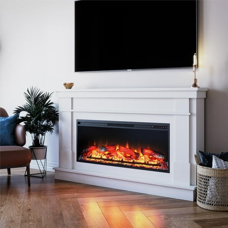 Ameriwood Home Elmcroft Wide Painted Mantel with Electric Fireplace Space Heater, White