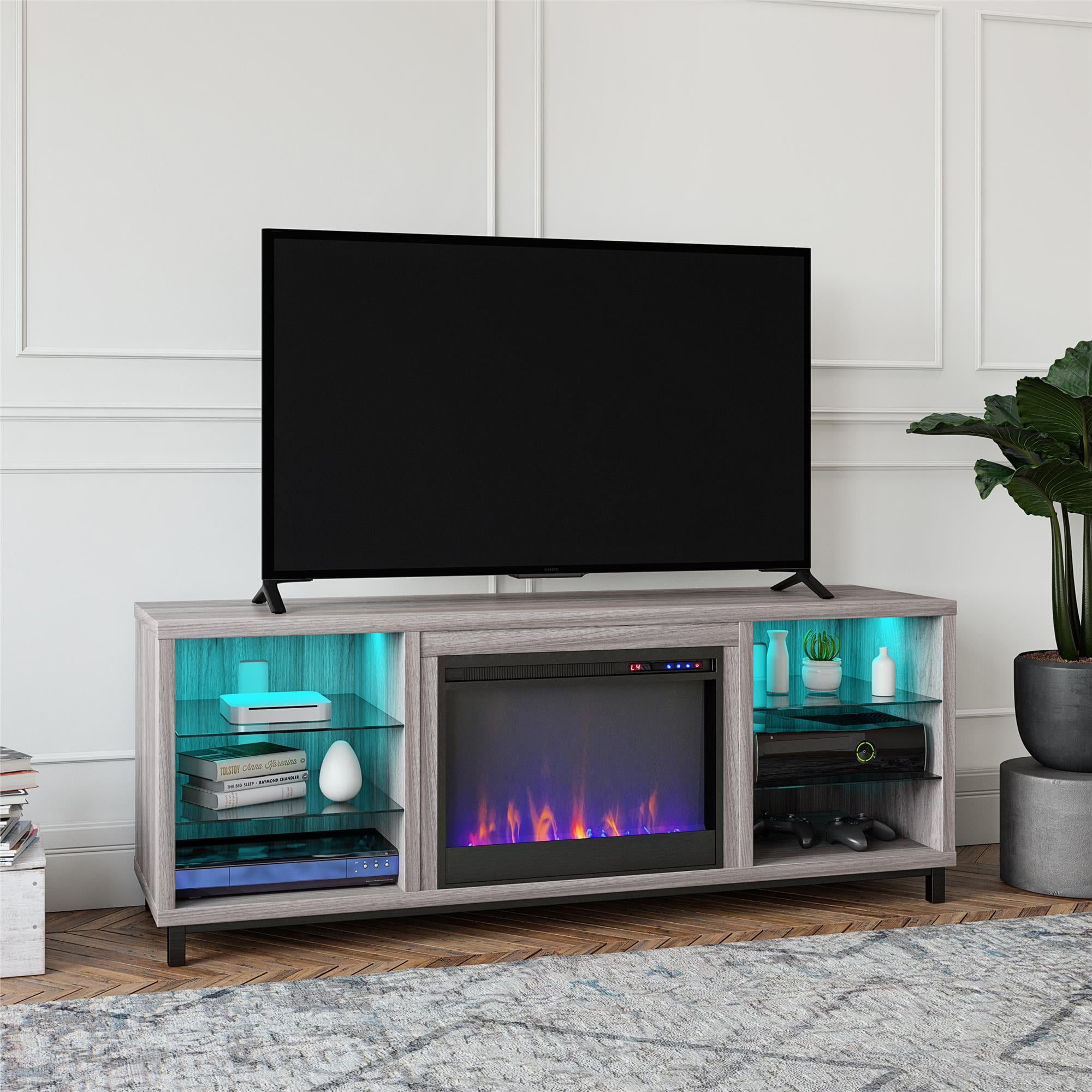 Lumina Light Walnut Fireplace TV Stand with Glass Shelves