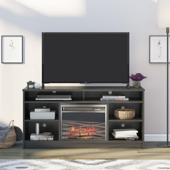 Ameriwood Home Heston 55" TV Stand with Electric Fireplace Insert and 6 Shelves, Black Oak