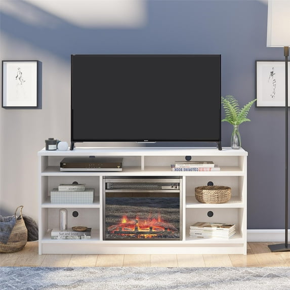 Ameriwood Home Heston 55" TV Stand with Electric Fireplace Insert and 6 Shelves, Ivory Oak