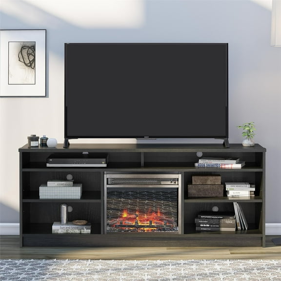Ameriwood Home Heston 65" TV Stand with Electric Fireplace Insert and 6 Shelves, Black Oak