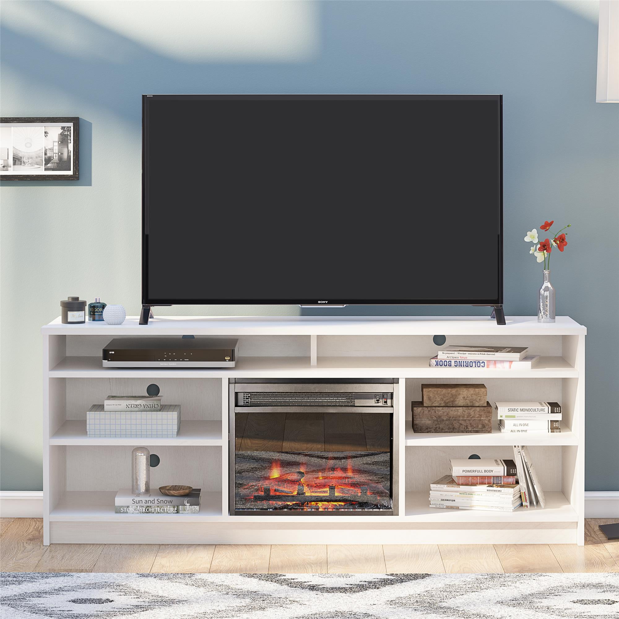 Ameriwood Home Heston 65″ TV Stand with Electric Fireplace Insert and 6 Shelves, Ivory Oak