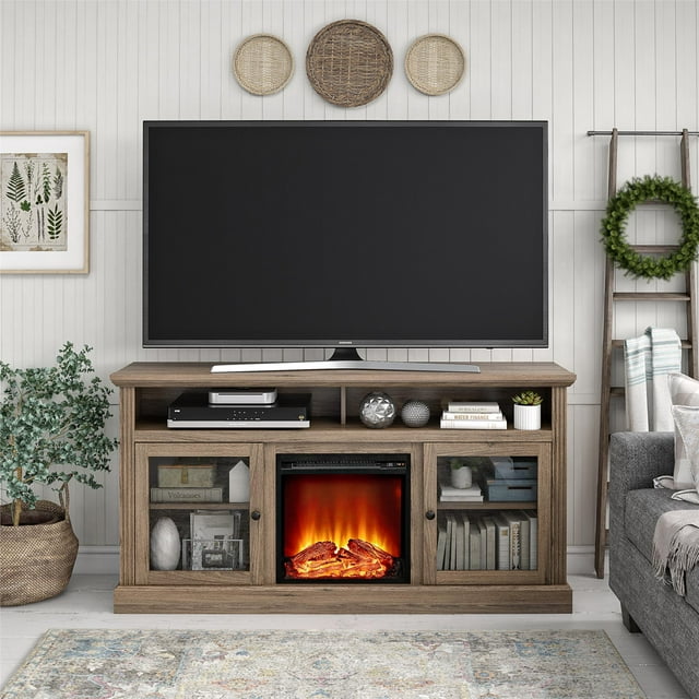 Ameriwood Home Leesburg Fireplace TV Stand for TVs up to 65", Rustic Oak