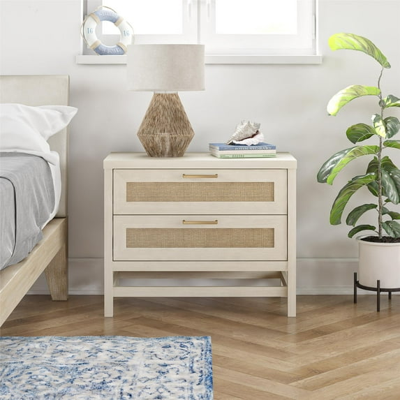 Ameriwood Home Lennon 2 Drawer Nightstand, Ivory Oak and Faux Rattan