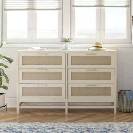 Ameriwood Home Lennon 6 Drawer Dresser, Ivory Oak and Faux Rattan