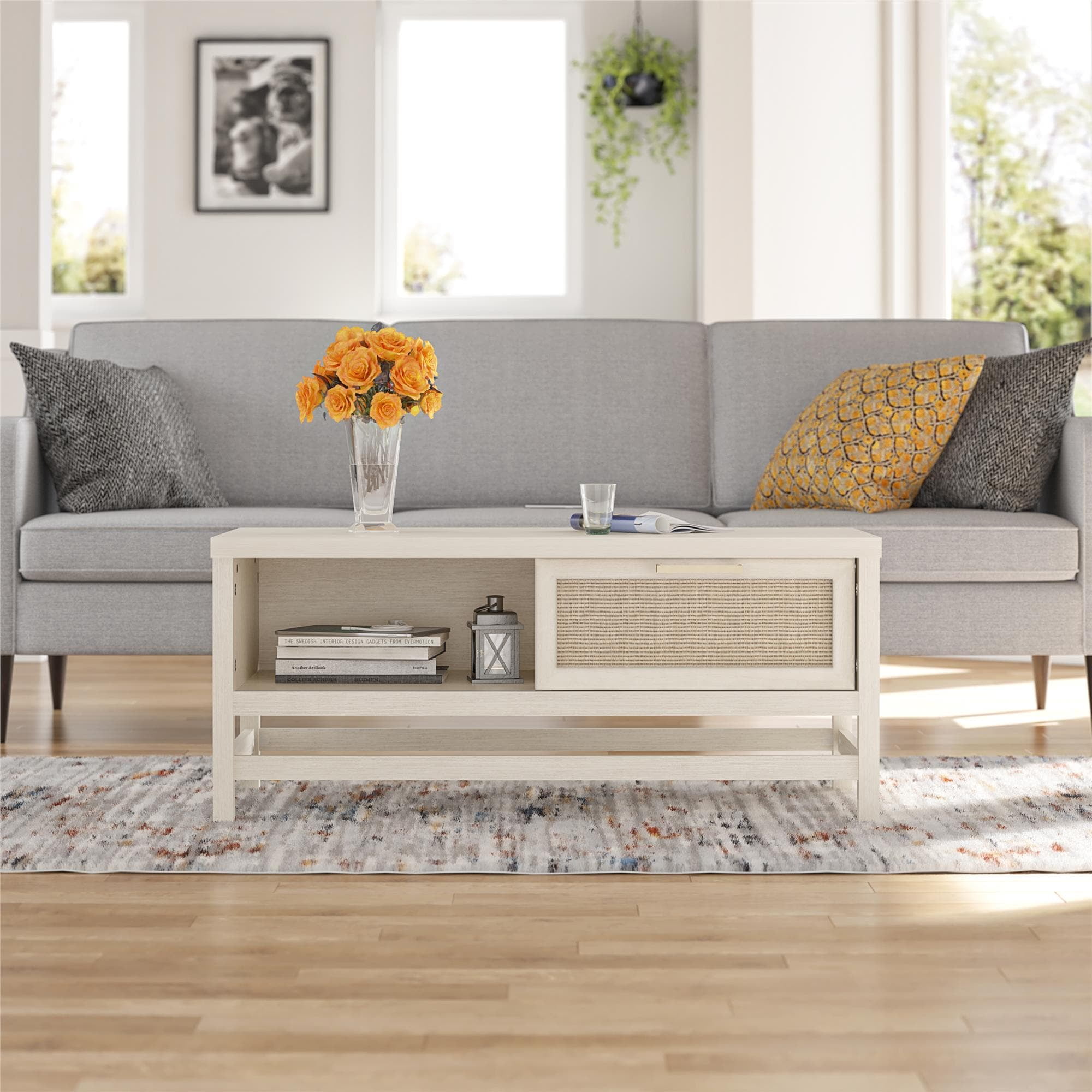 Boho-Chic Ivory Oak Rectangular Coffee Table with Faux Rattan Storage