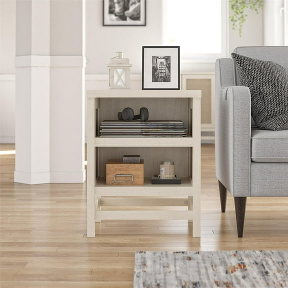 Lennon End Table, Ivory Oak and Faux Rattan