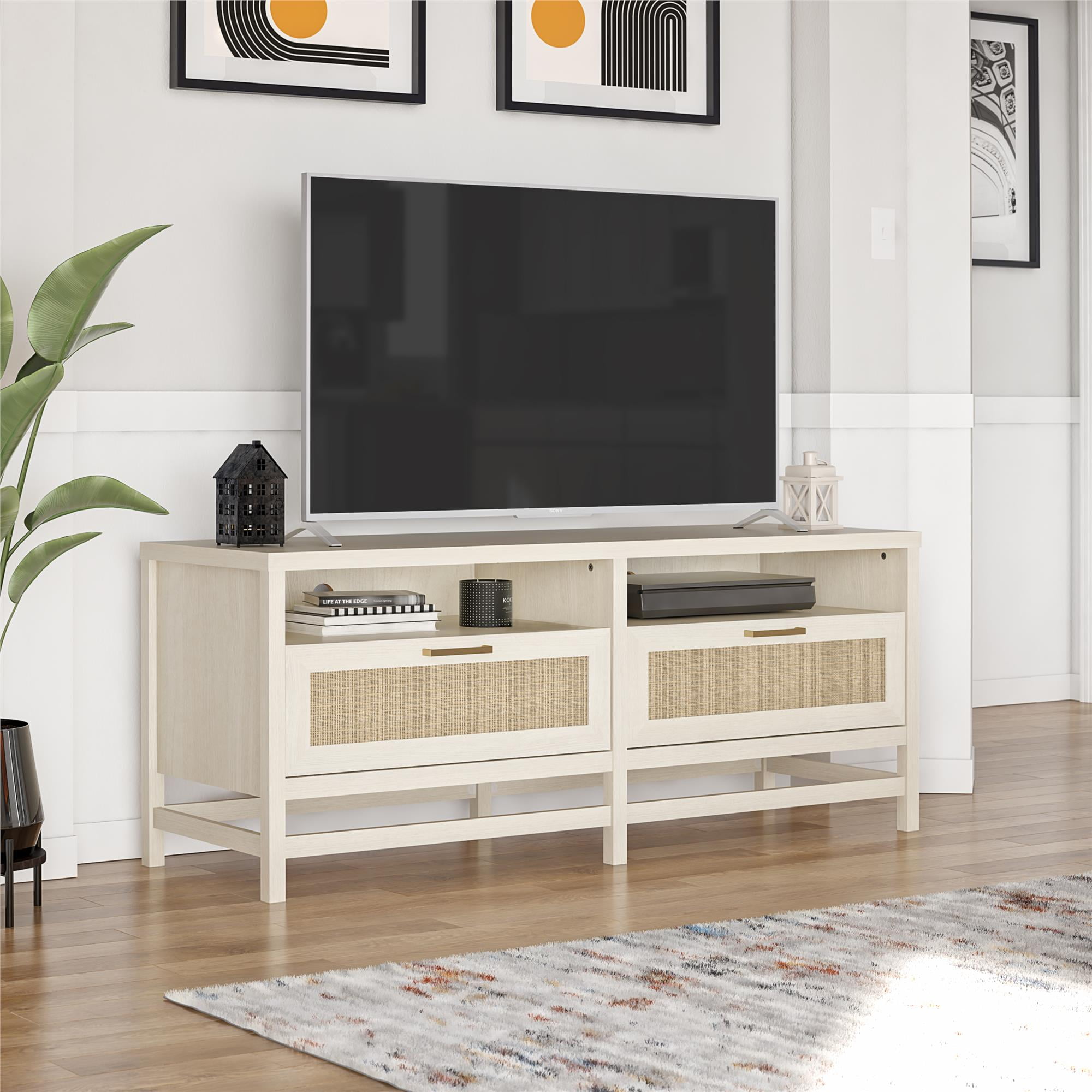 Ivory Oak and Faux Rattan 60" TV Stand with Open Shelves