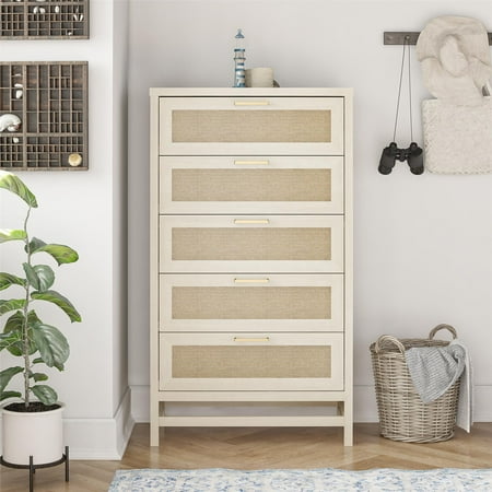 Ameriwood Home Lennon Tall 5 Drawer Dresser, Ivory Oak and Faux Rattan