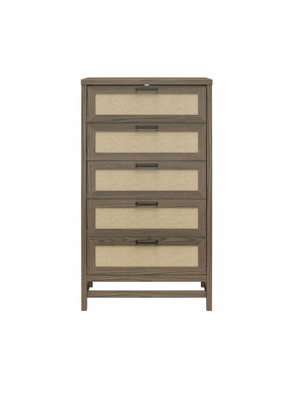 Ameriwood Home Lennon Tall 5 Drawer Dresser, Medium Brown and Faux Rattan