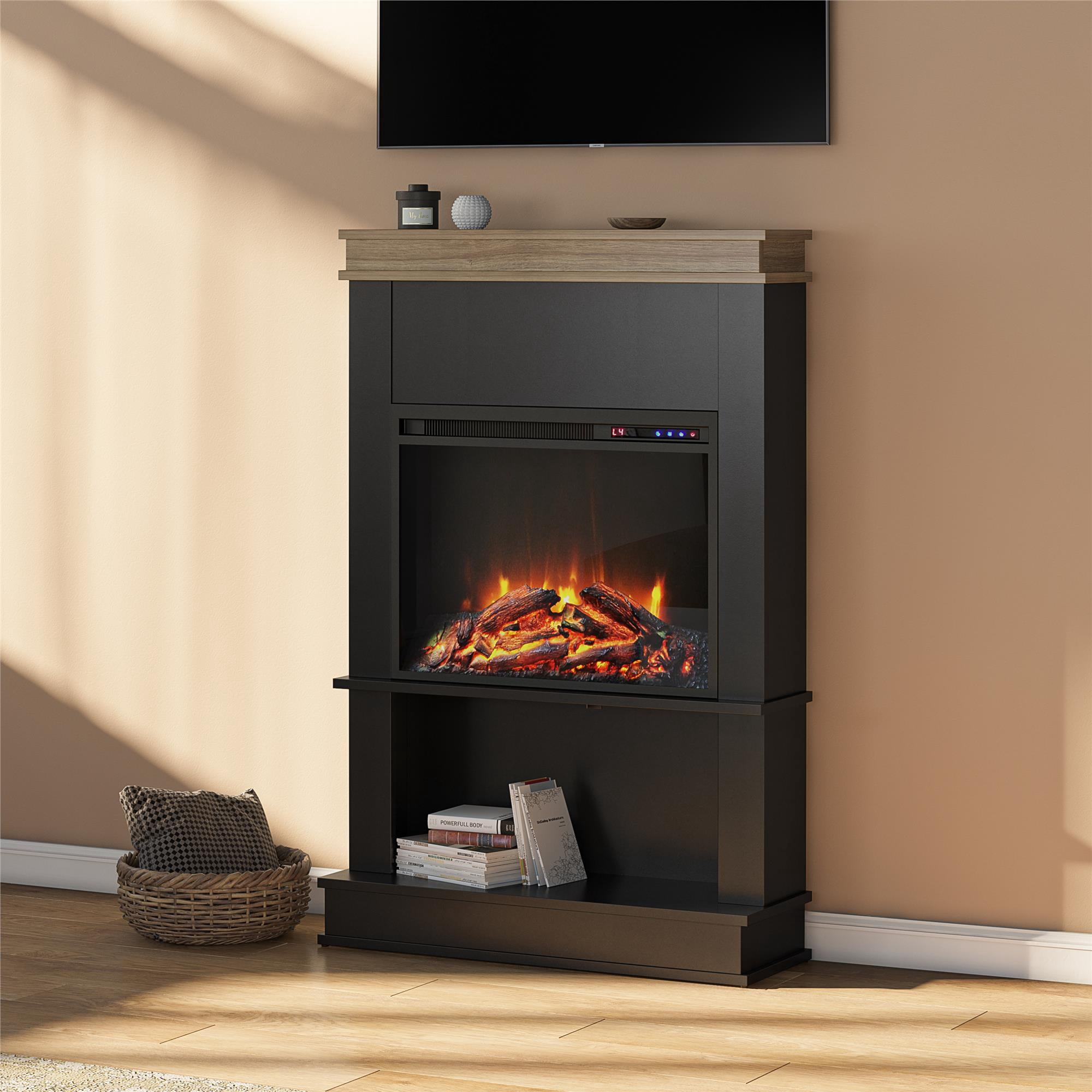 Ameriwood Home Mabrick Electric Fireplace with Mantel and Open Shelf, Black with Natural