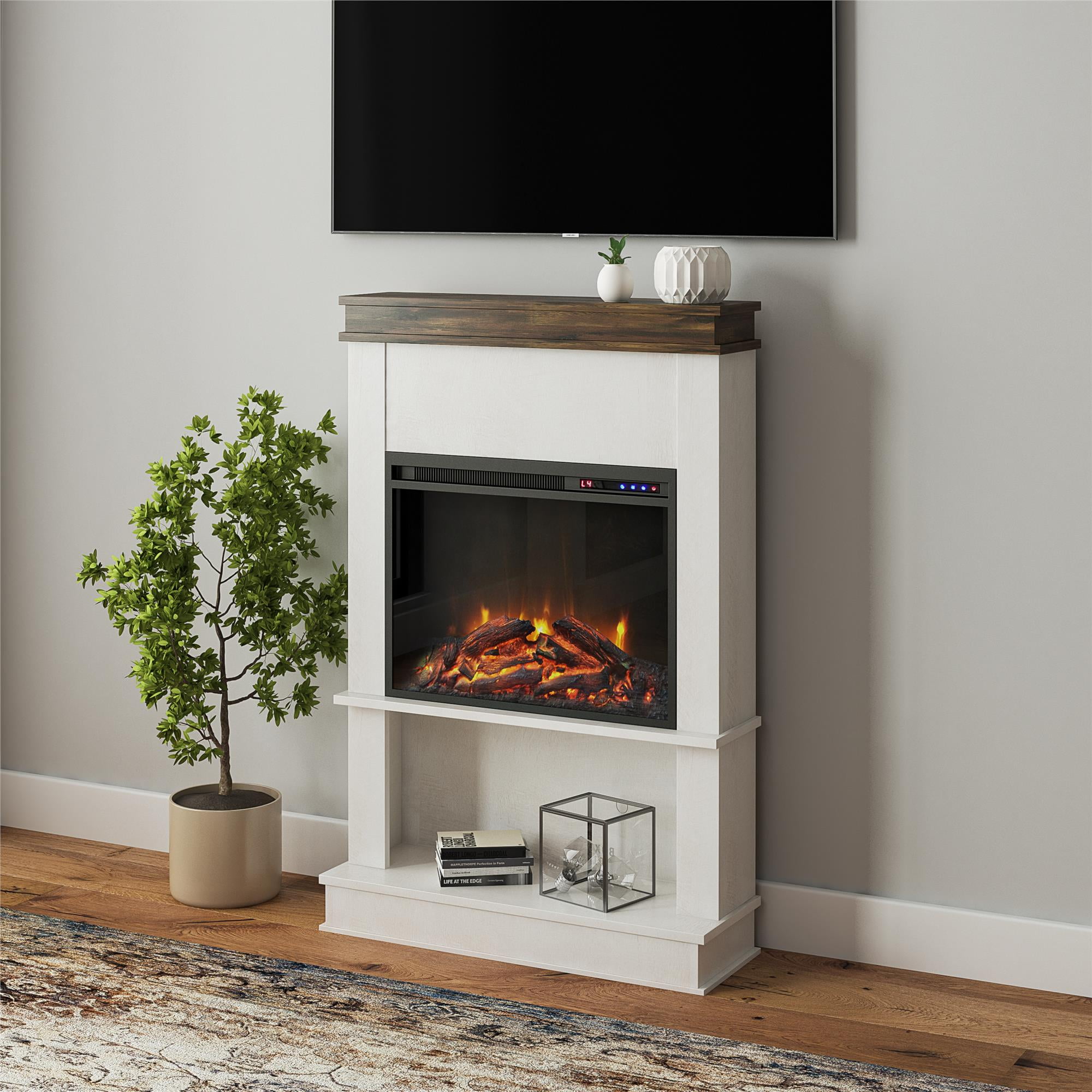 Mateo Electric Fireplace with Mantel and Open Shelf, Ivory Oak with Rustic