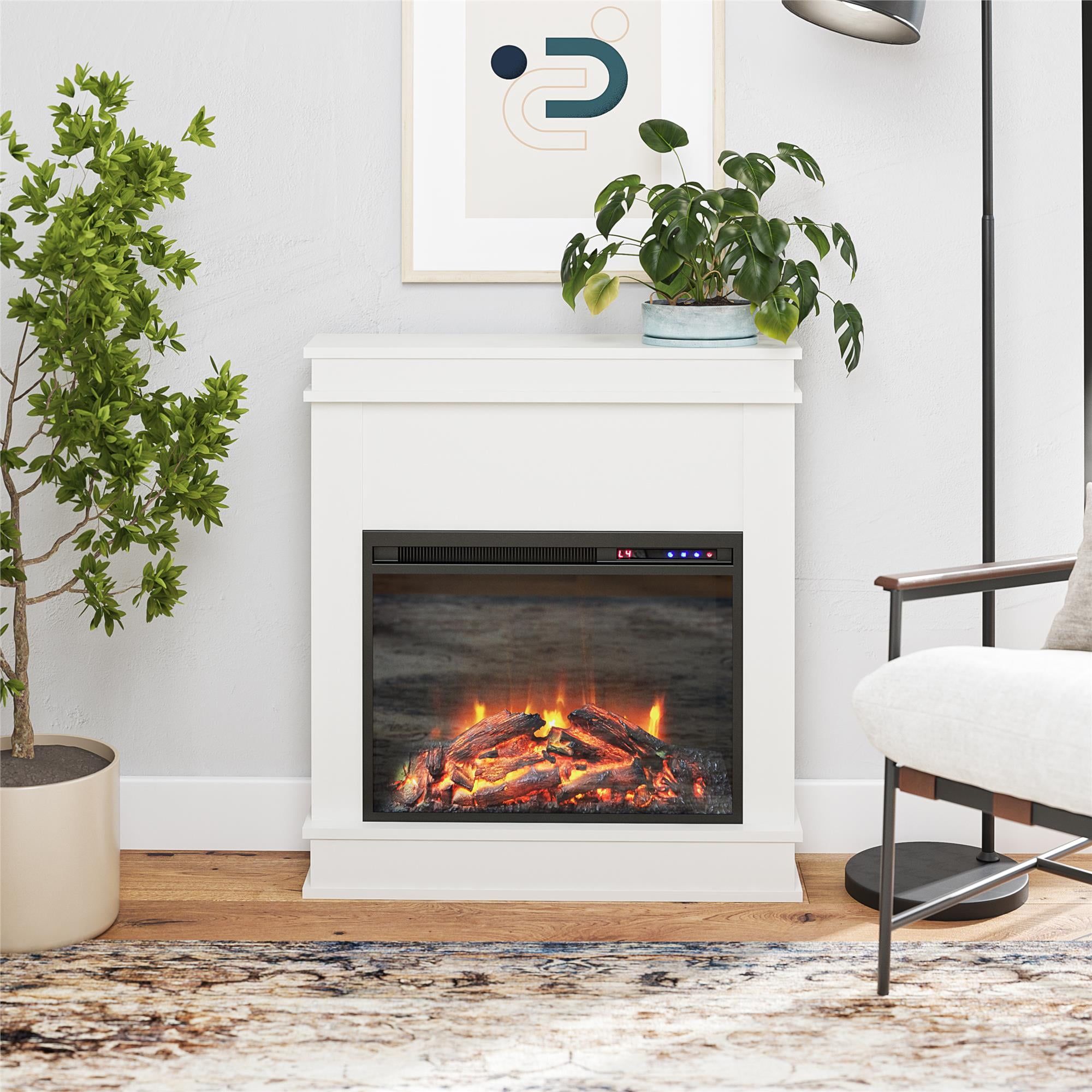 Ameriwood Home Mabrick Electric Fireplace with Mantel and Touchscreen Display, White