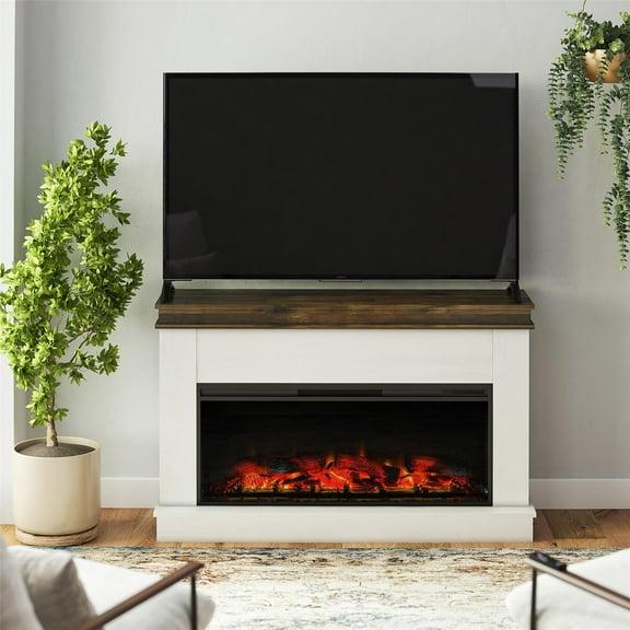 Mateo Wide Mantel with Linear Electric Fireplace and Remote for TVs up to 65", Ivory Oak/Rustic