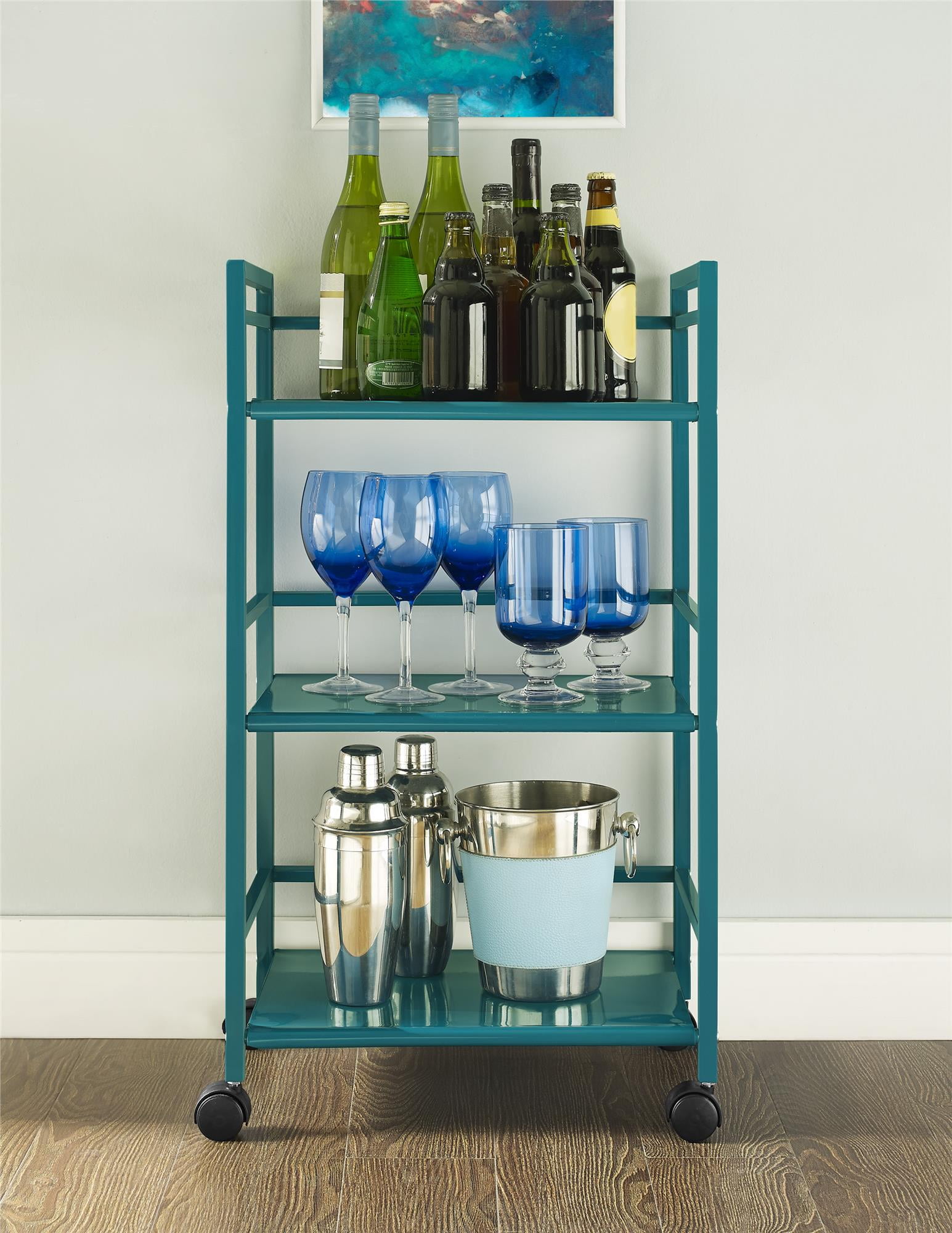 Marshall Teal Metal 3-Shelf Rolling Utility Cart