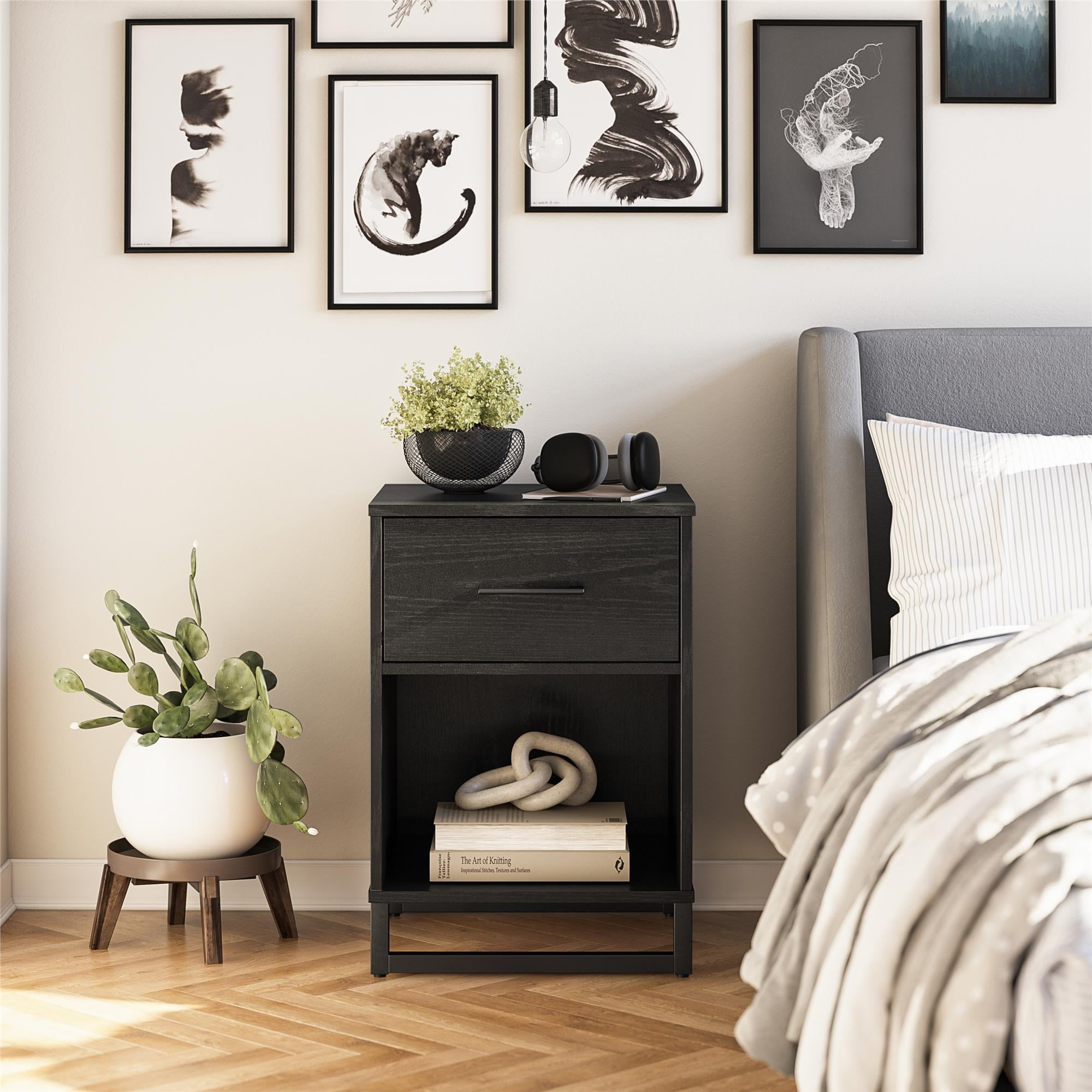 Black Oak Mixed Media Nightstand with Drawer and Shelf