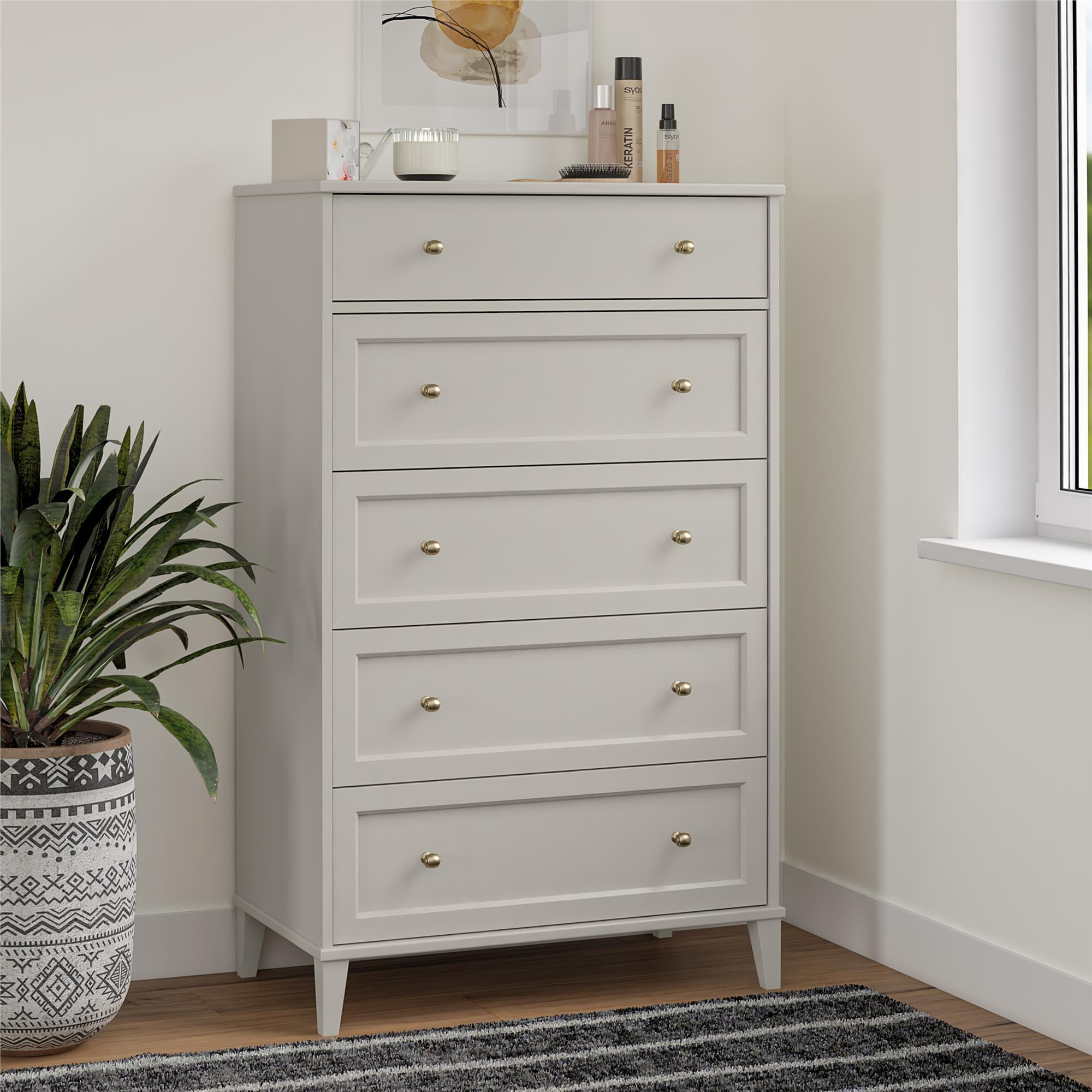 Taupe Tall 5-Drawer Dresser with Gold Hardware
