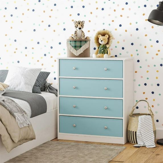 Ameriwood Home Mya Park Tall Dresser with 4 Fabric Bins, White w/ Blue Bins