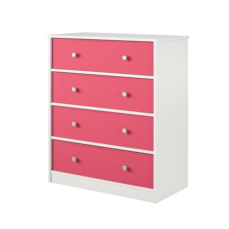 Ameriwood Home Mya Park Tall Dresser with 4 Fabric Bins, White w/ Pink Bins